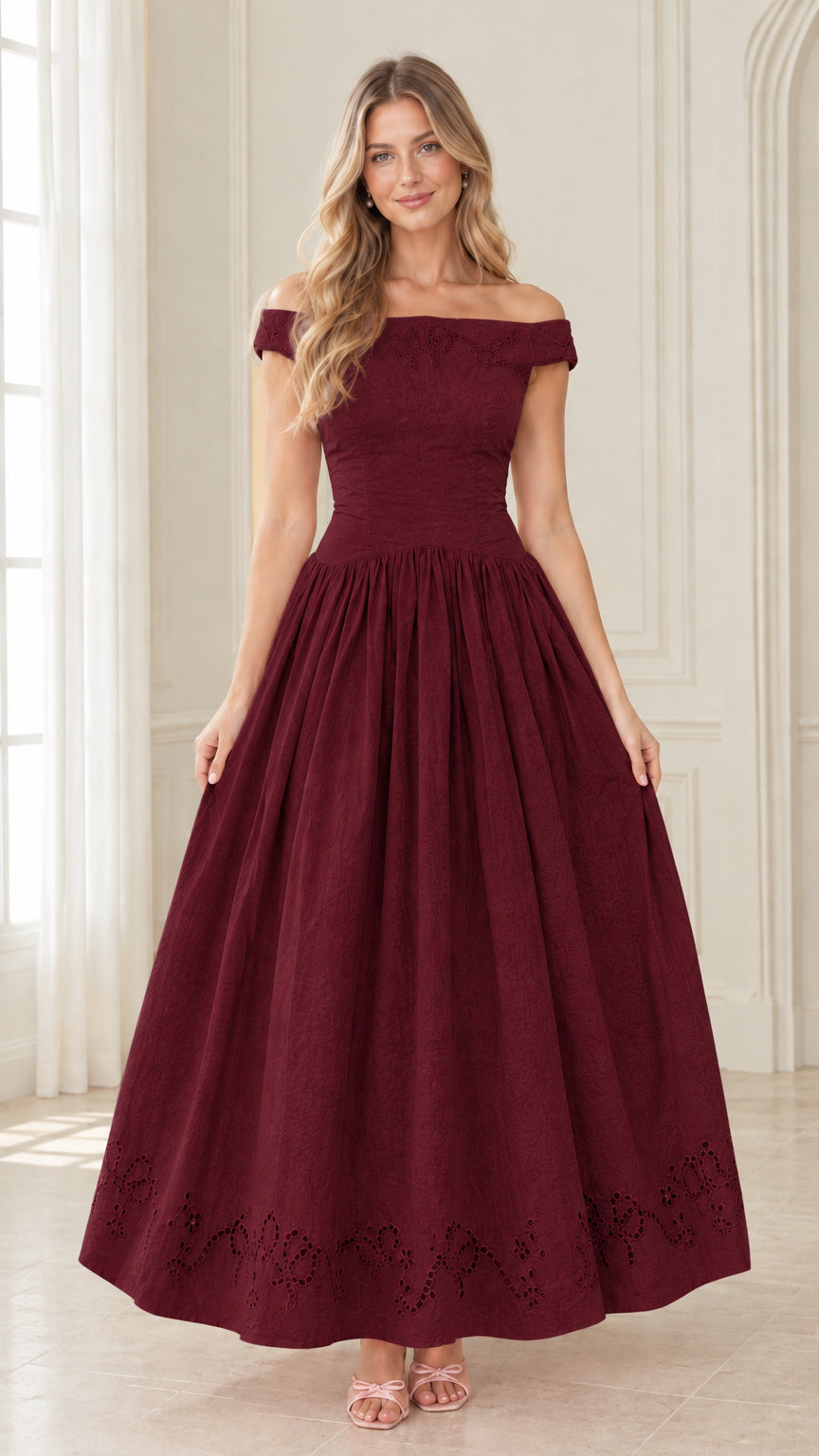 Off-the-Shoulder Eyelet Embroidered Maxi Dress