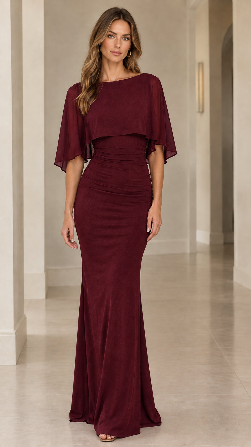 Chiffon Capelet Ruched Evening Maxi Dress