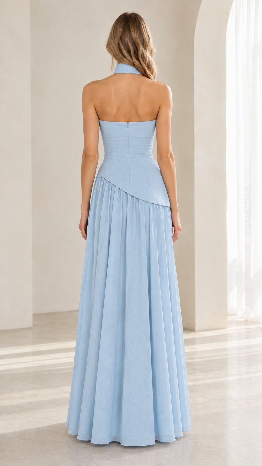 Strapless Asymmetric Drop Waist Maxi Dress with Matching Choker