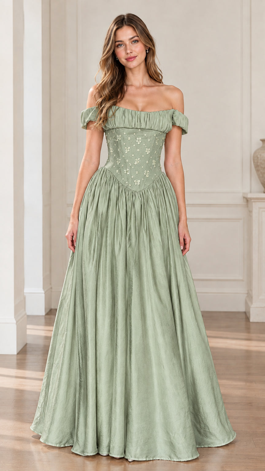 Off-Shoulder Basque Waist Embroidered Ball Gown Evening Maxi Dress