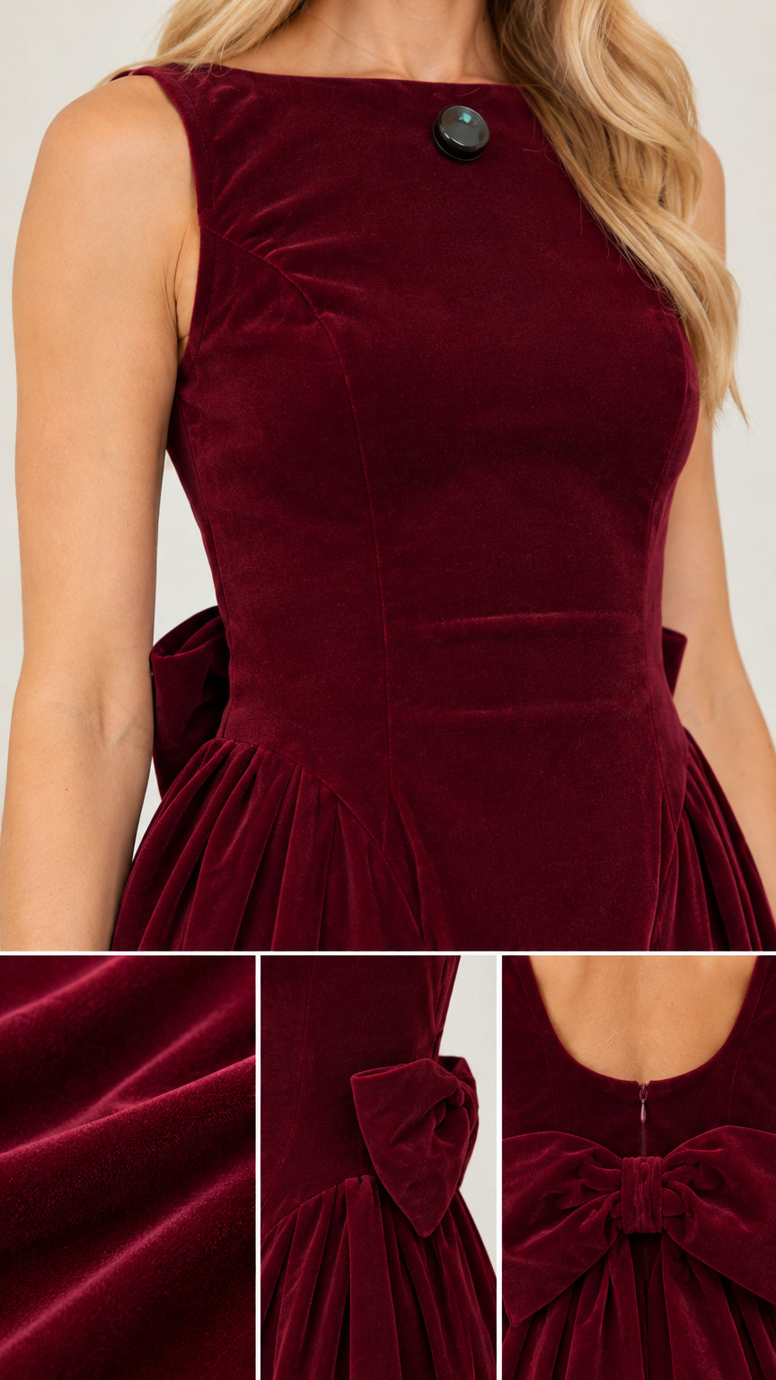 Sleeveless Backless Velvet Midi Dress with Statement Back Bow