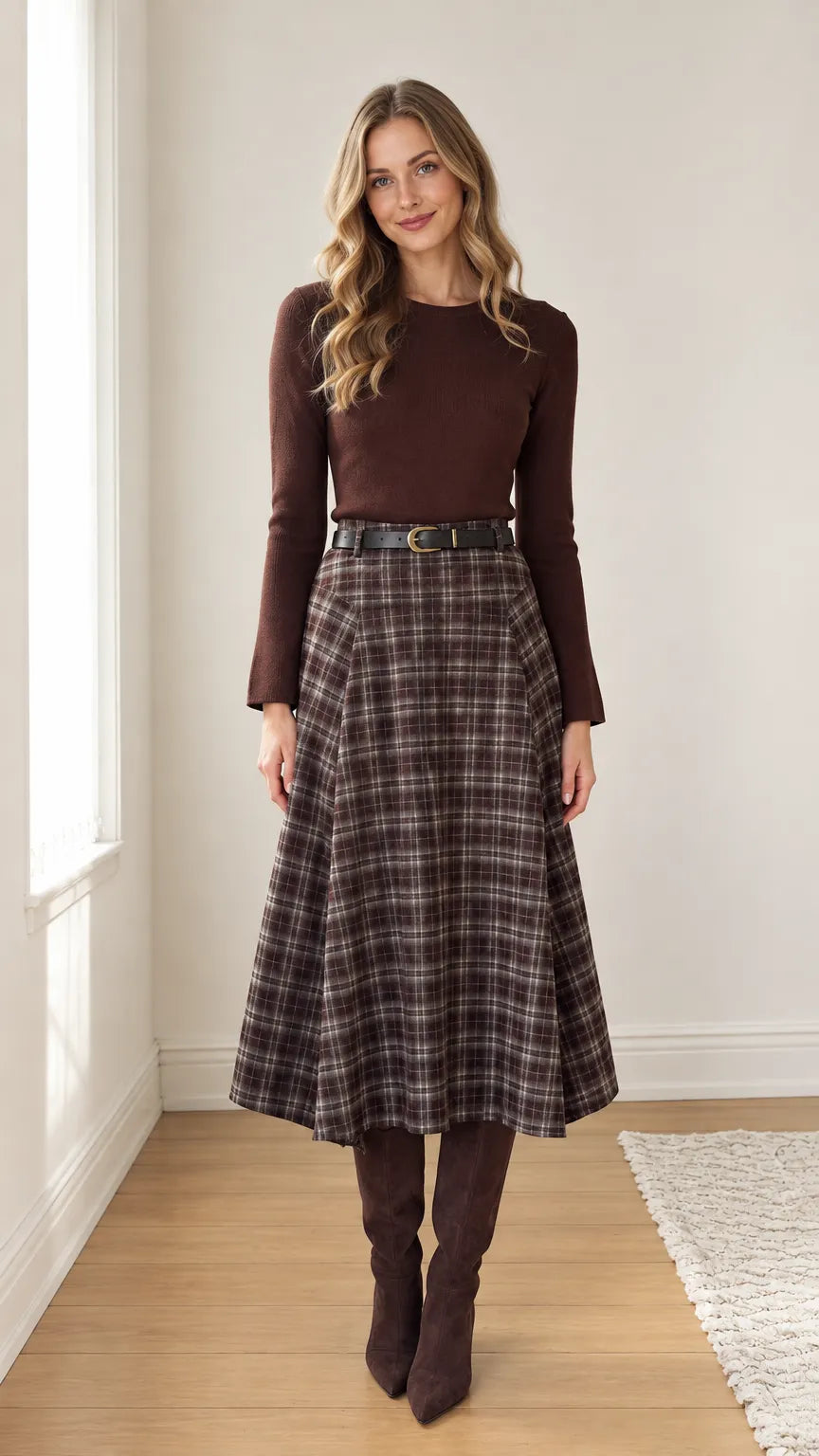 Women's Plaid Midi Skirt and Long Sleeve Knit Top Set with Belt