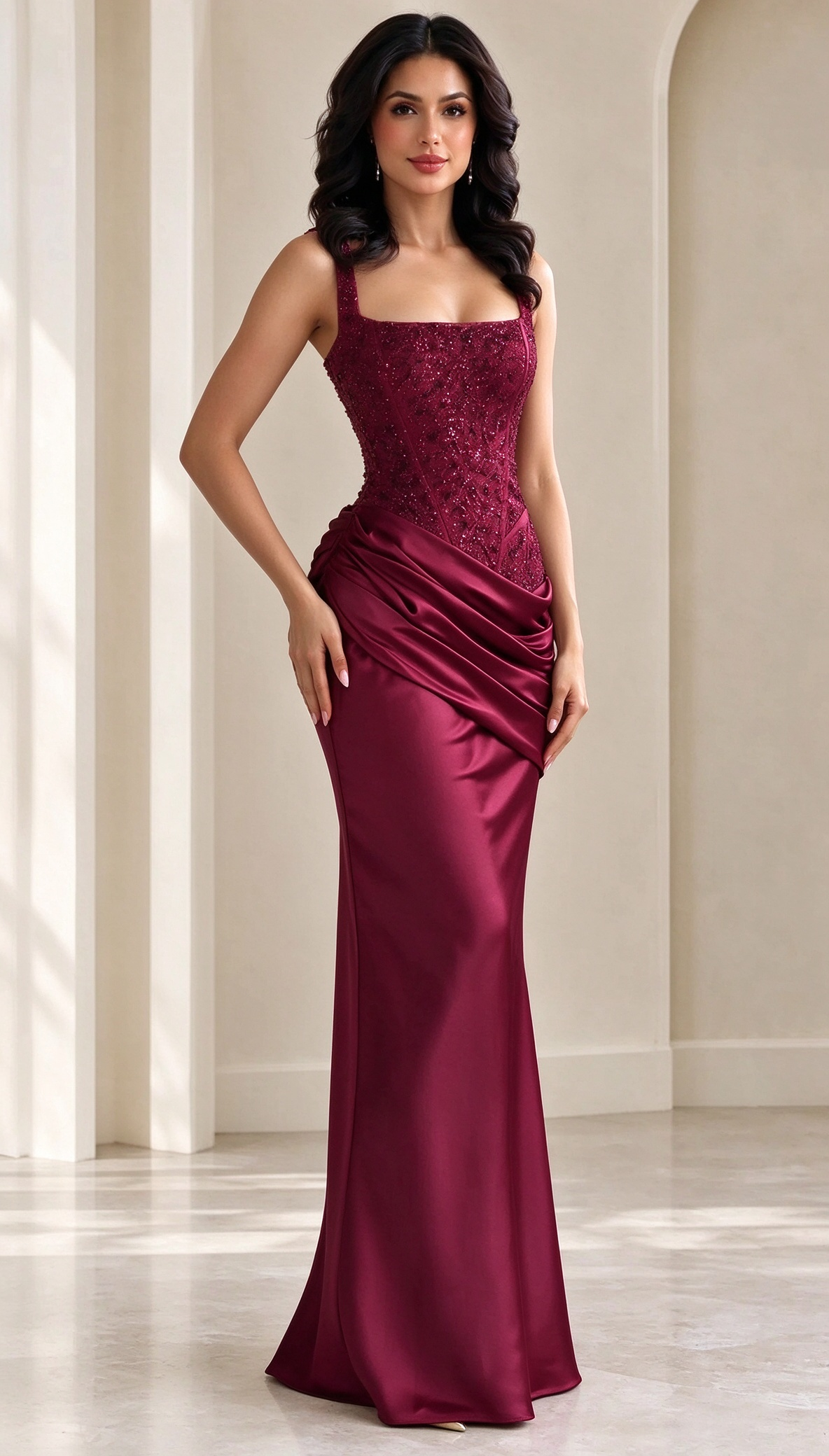 Sequin Corset Bodice Draped Satin Evening Maxi Gown
