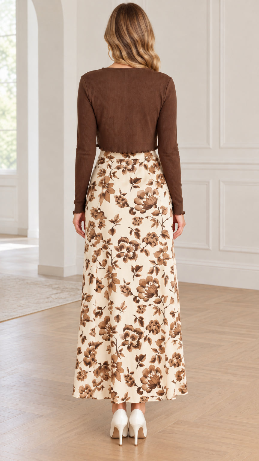 Women's Floral Maxi Dress and Cropped Knit Cardigan Two-Piece Set