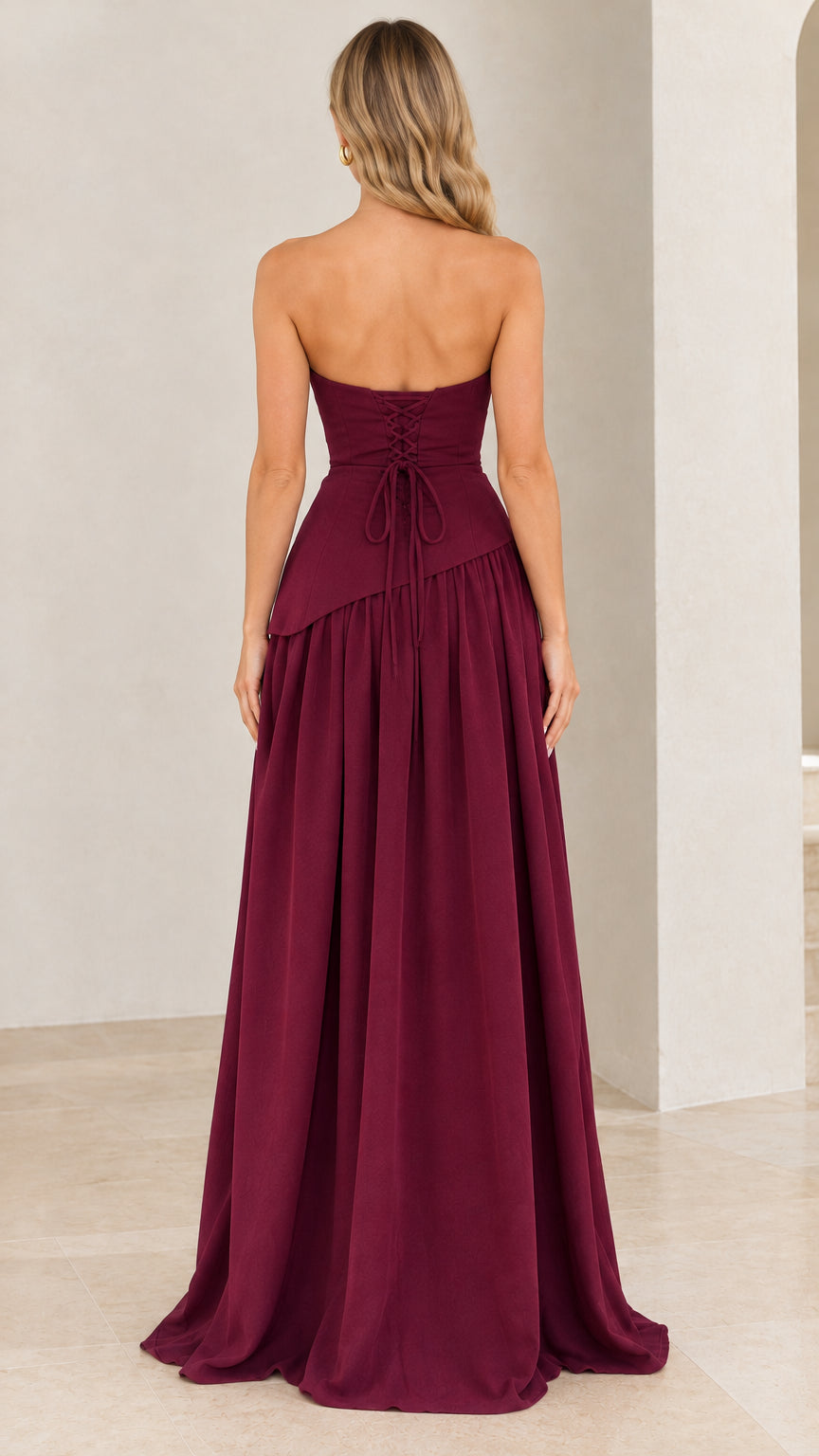 Strapless Asymmetrical Drop-Waist Lace-Up Corset Maxi Gown