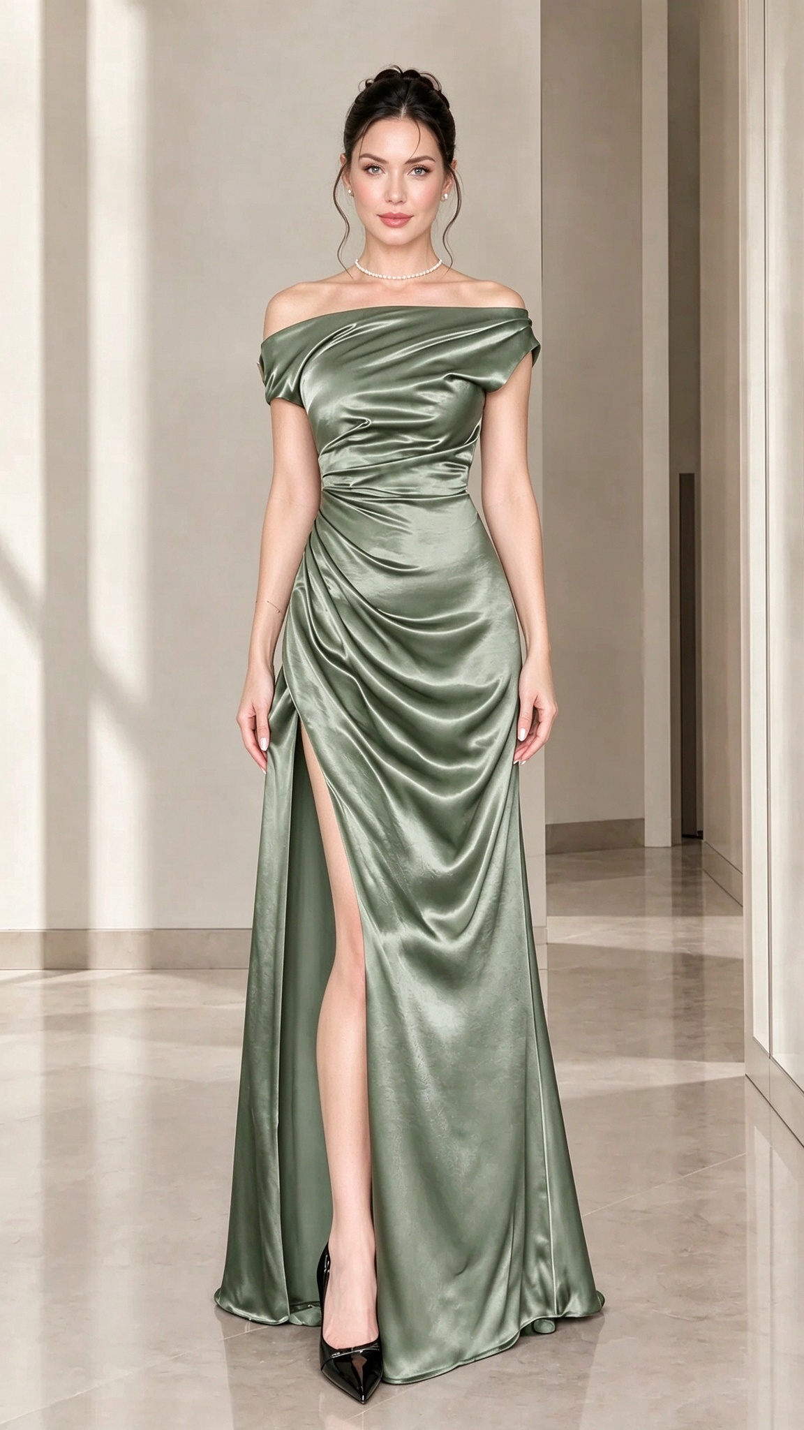 Off-the-Shoulder Ruched Satin Maxi Evening Gown with Slit