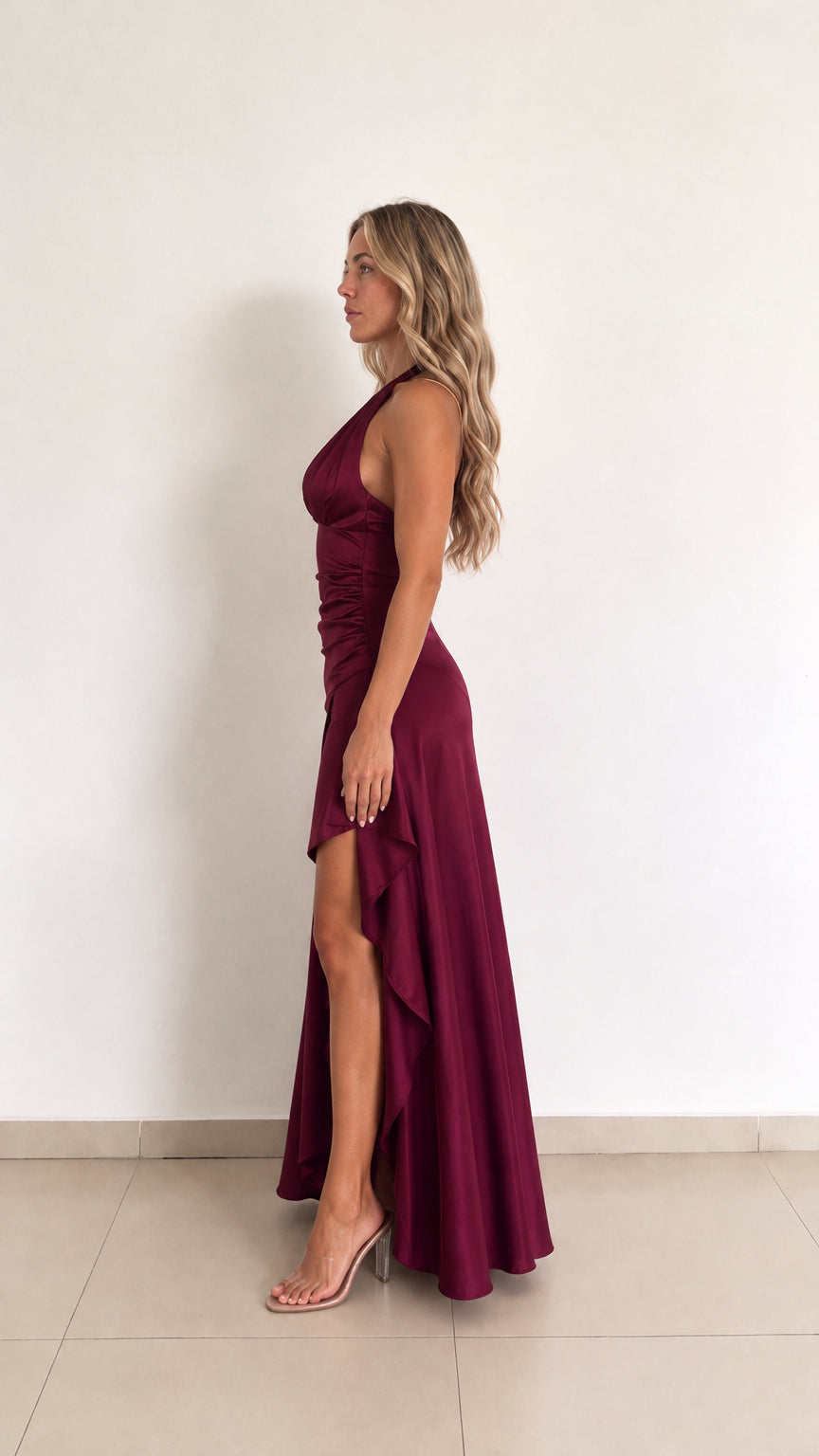 Women's Plunge Halter Ruched Asymmetrical Slit Satin Maxi Evening Gown