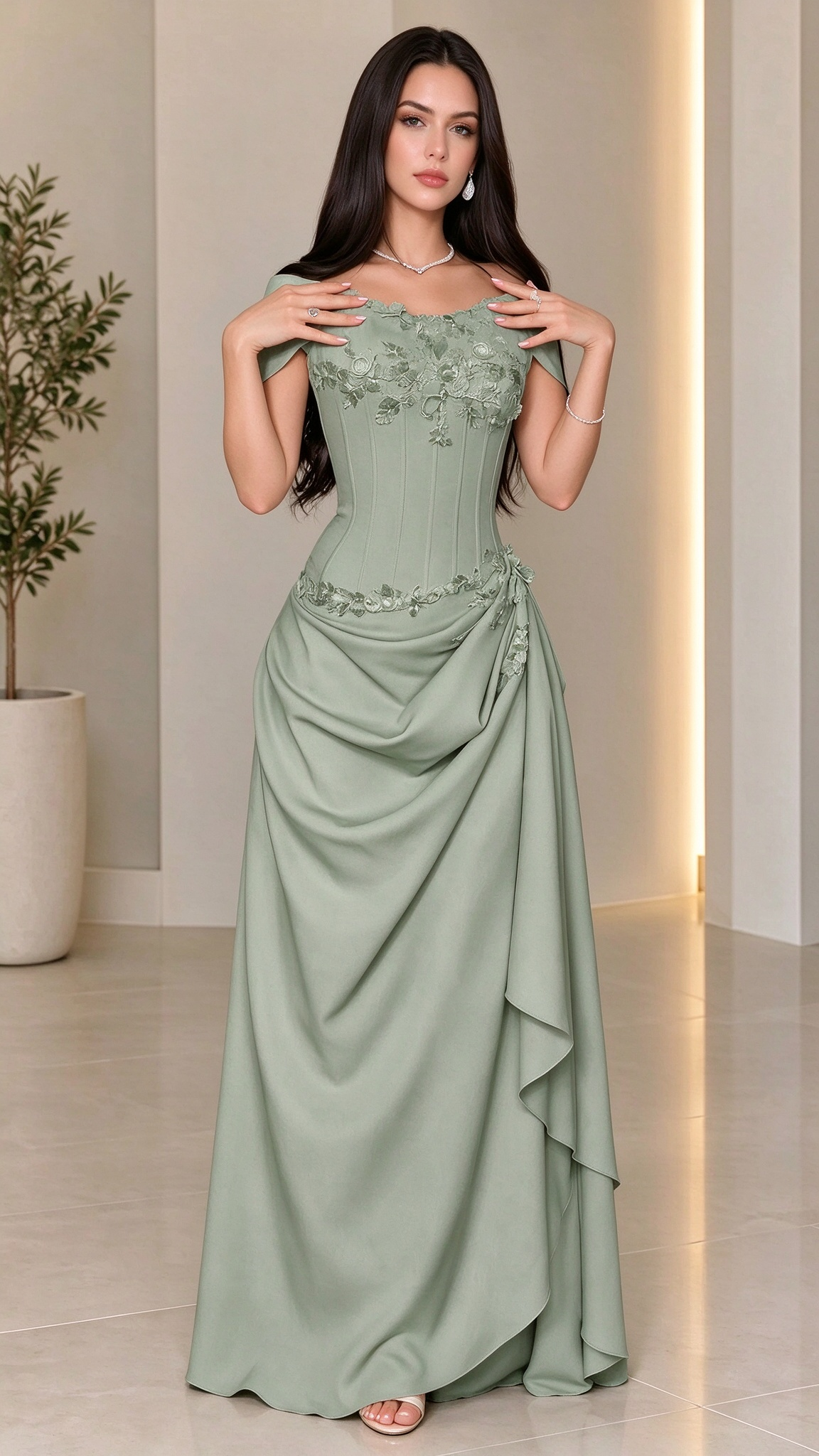Off-The-Shoulder Embroidered Corset Maxi Dress with Draped Skirt