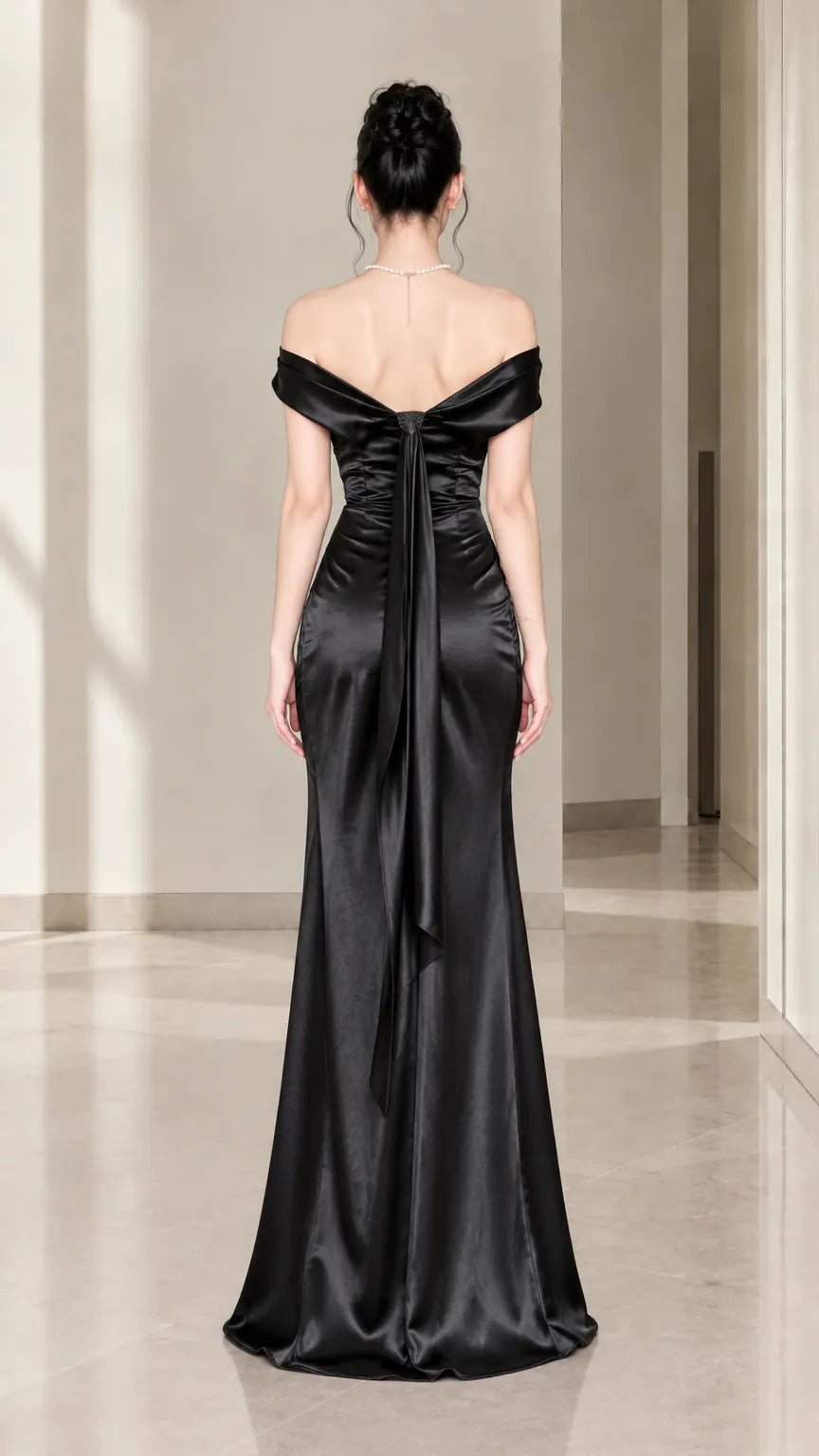 Off-the-Shoulder Ruched Satin Maxi Evening Gown with Slit