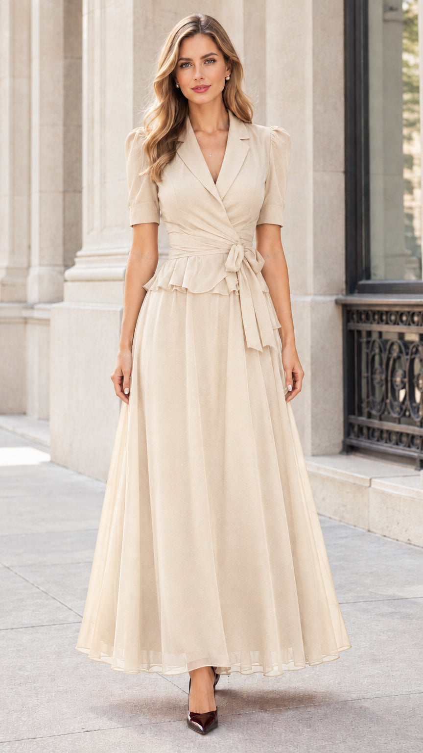 Notched Lapel Wrap Waist Peplum Maxi Dress with Short Sleeves