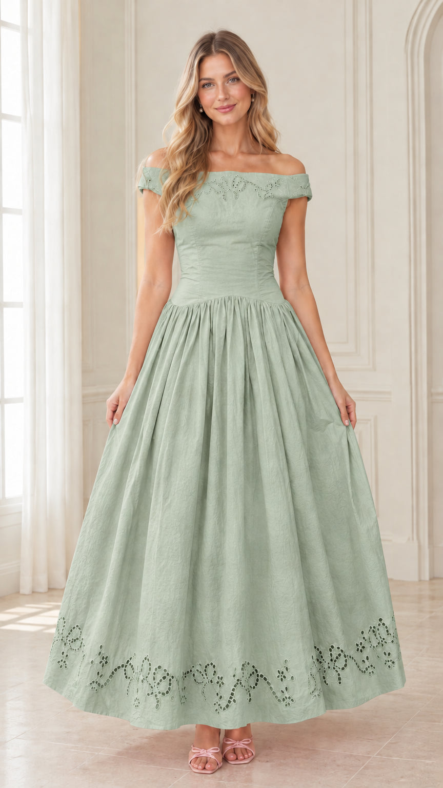 Off-the-Shoulder Eyelet Embroidered Maxi Dress