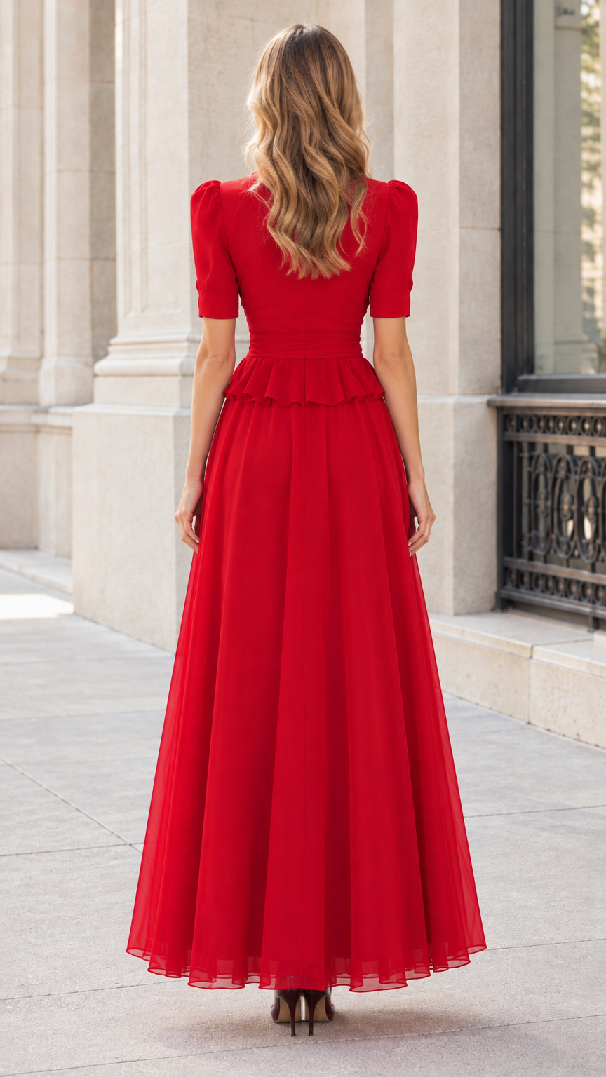 Notched Lapel Wrap Waist Peplum Maxi Dress with Short Sleeves