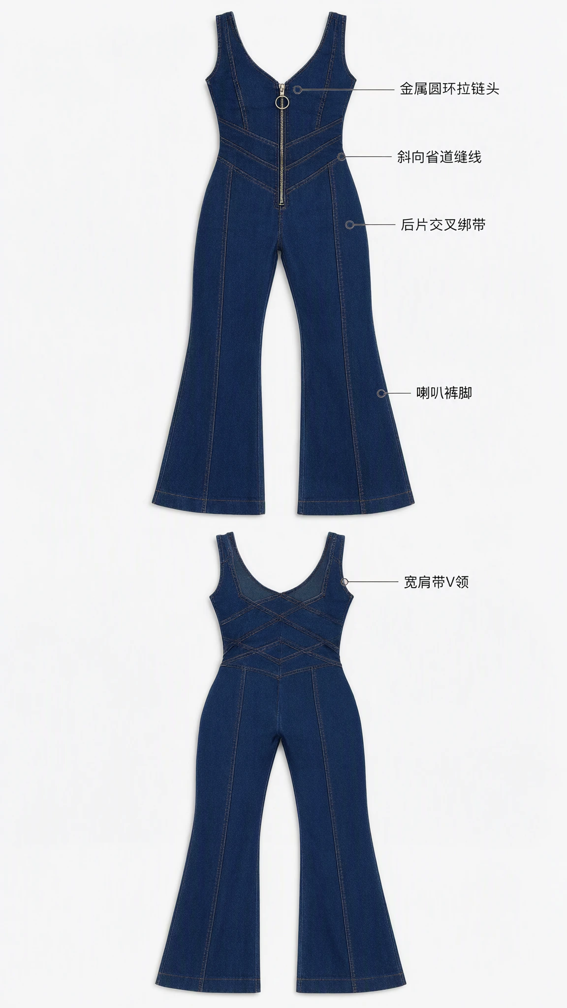 Sleeveless Zip-Front Flared Denim-Style Jumpsuit