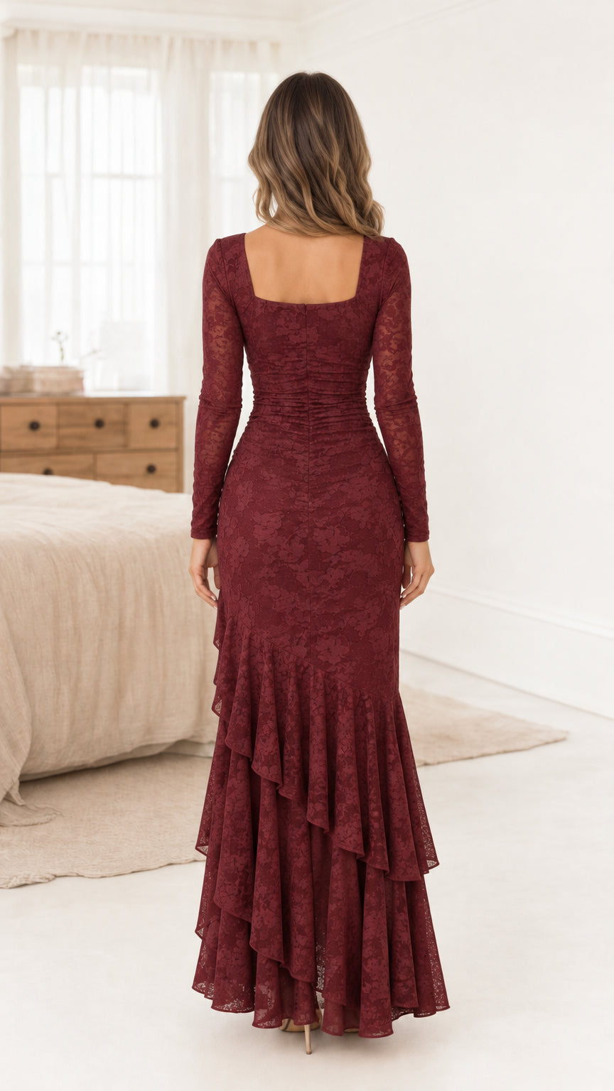 Square Neck Long Sleeve Ruched Floral Lace Maxi Dress with Ruffled Slit