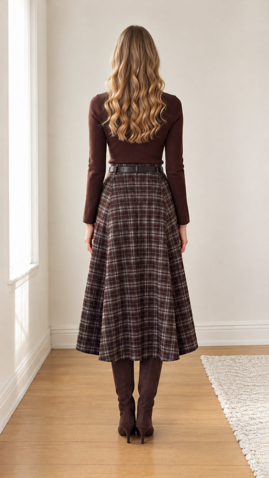 Women's Plaid Midi Skirt and Long Sleeve Knit Top Set with Belt