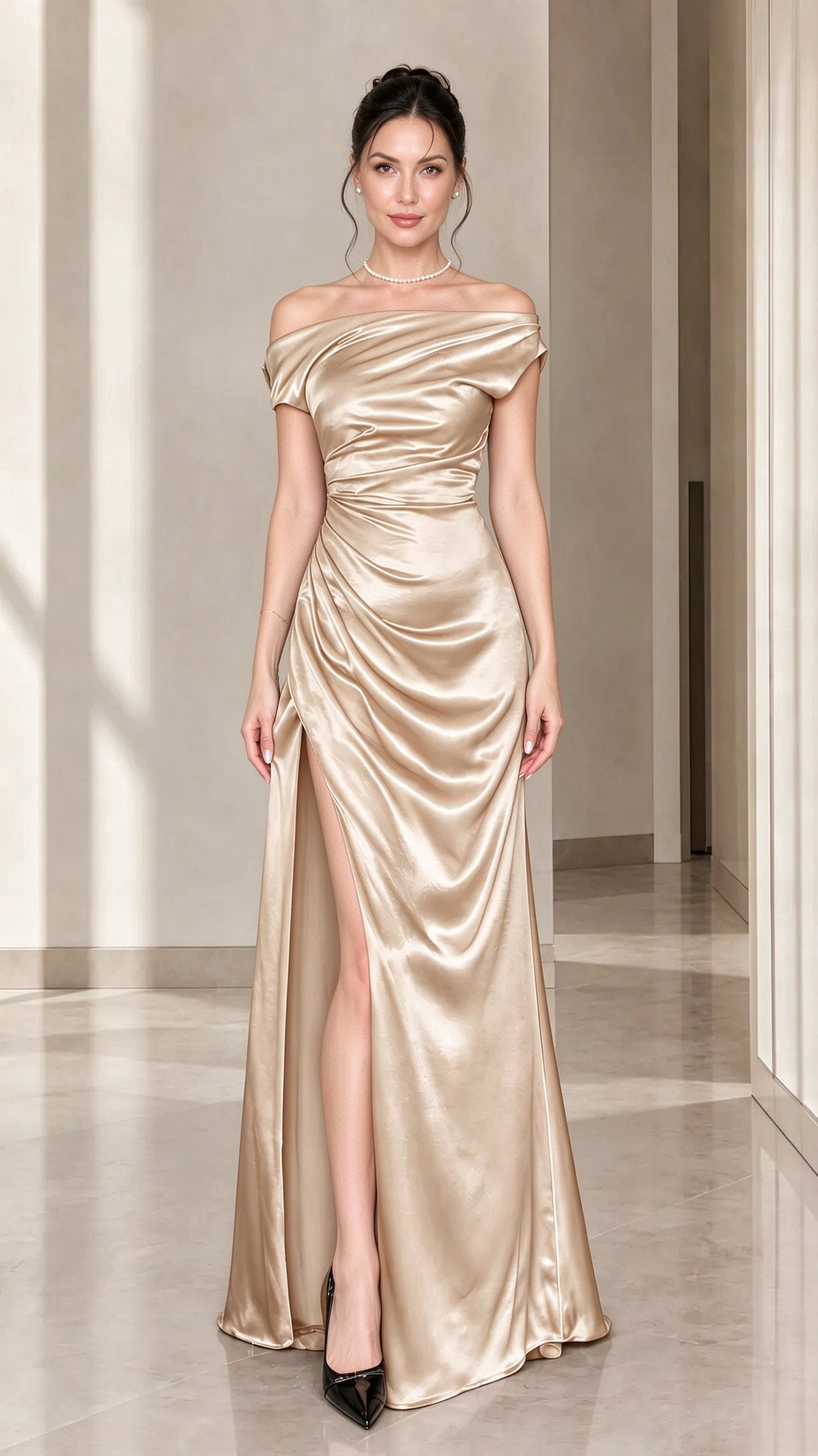 Off-the-Shoulder Ruched Satin Maxi Evening Gown with Slit