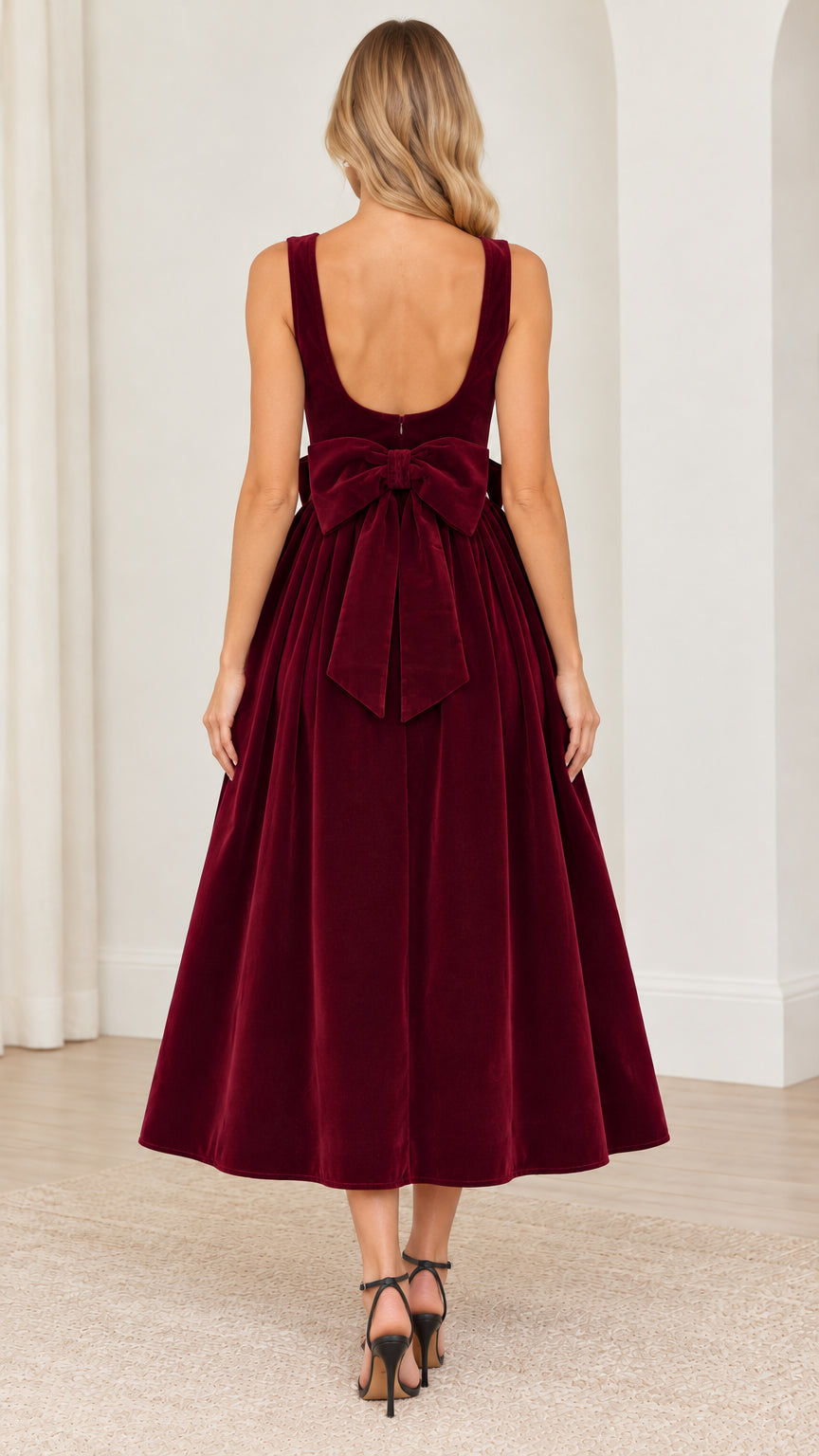 Sleeveless Backless Velvet Midi Dress with Statement Back Bow