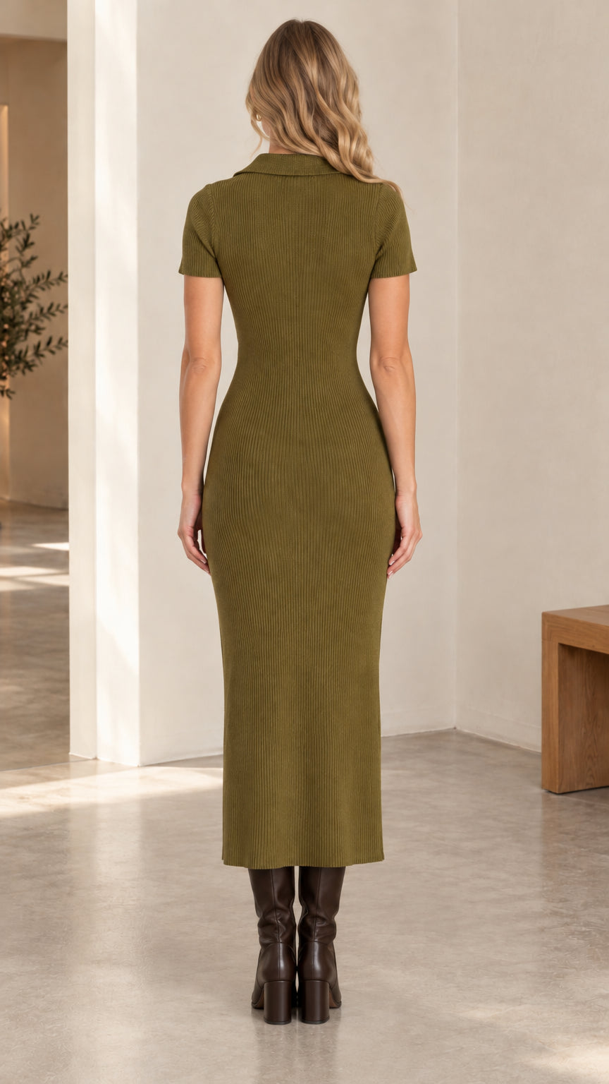 Ribbed Polo Collar Short Sleeve Midi Dress