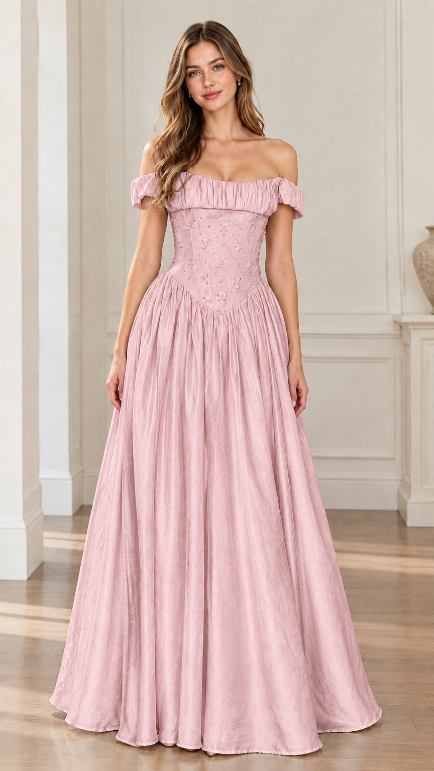 Off-Shoulder Basque Waist Embroidered Ball Gown Evening Maxi Dress