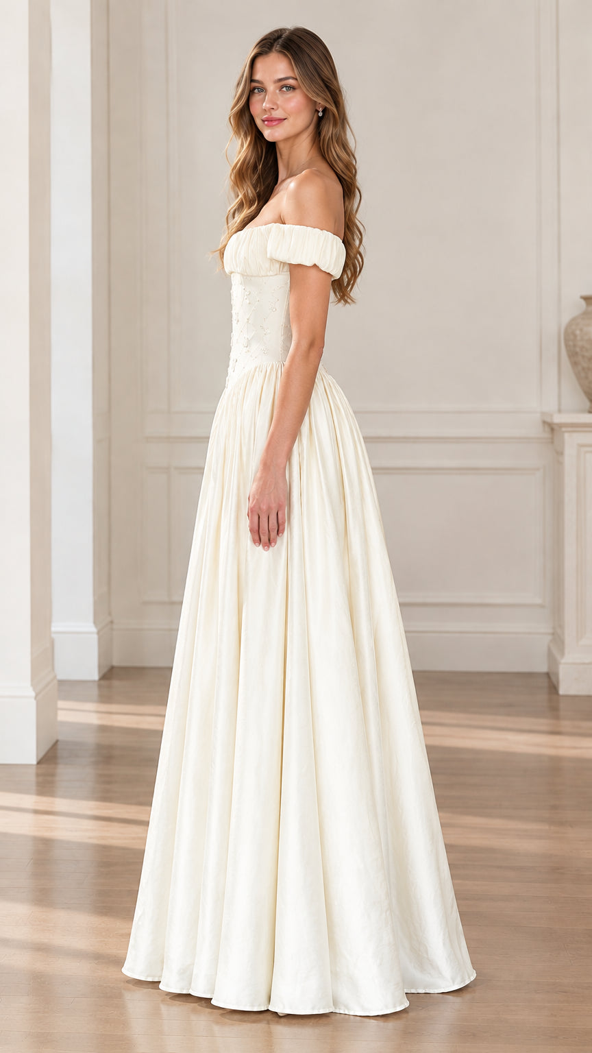 Off-Shoulder Basque Waist Embroidered Ball Gown Evening Maxi Dress