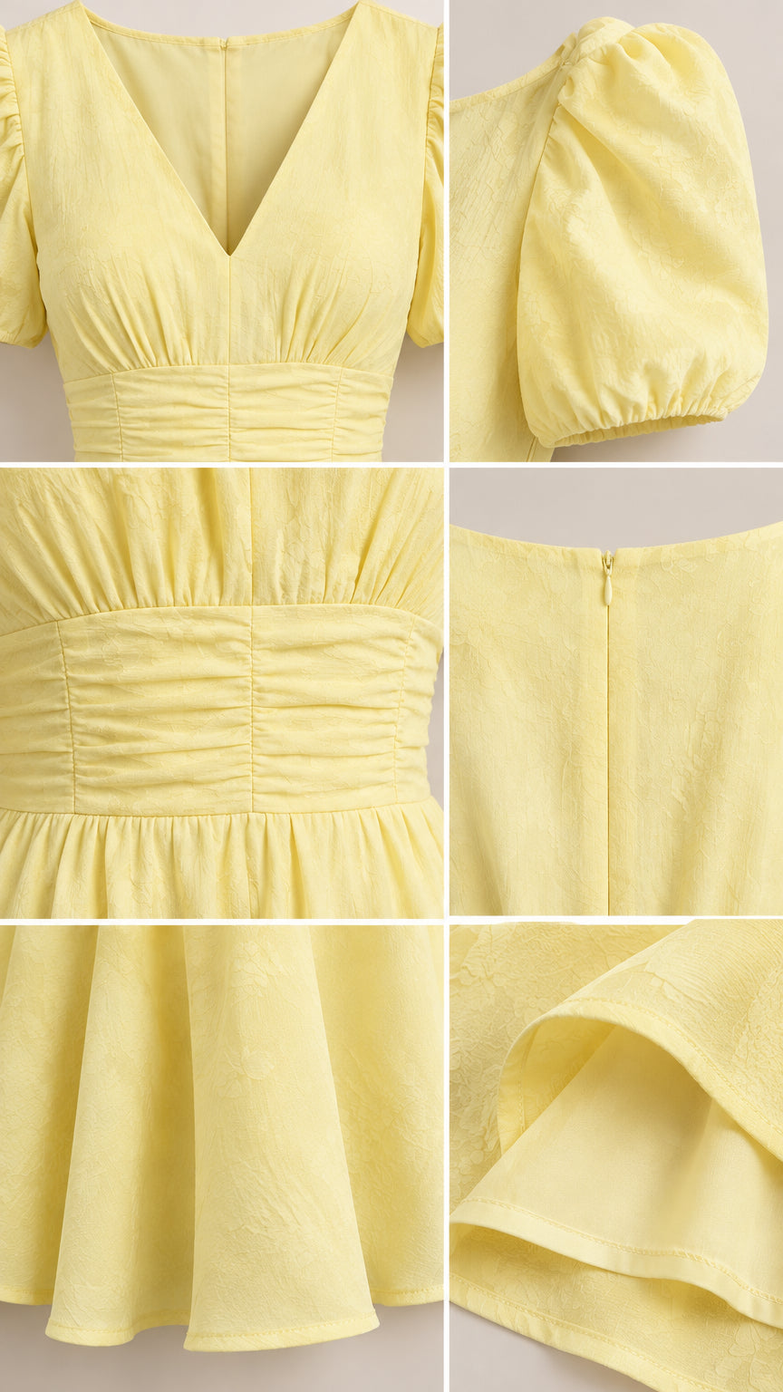 Women's V-Neck Puff Sleeve Ruched Waist A-Line Midi Dress