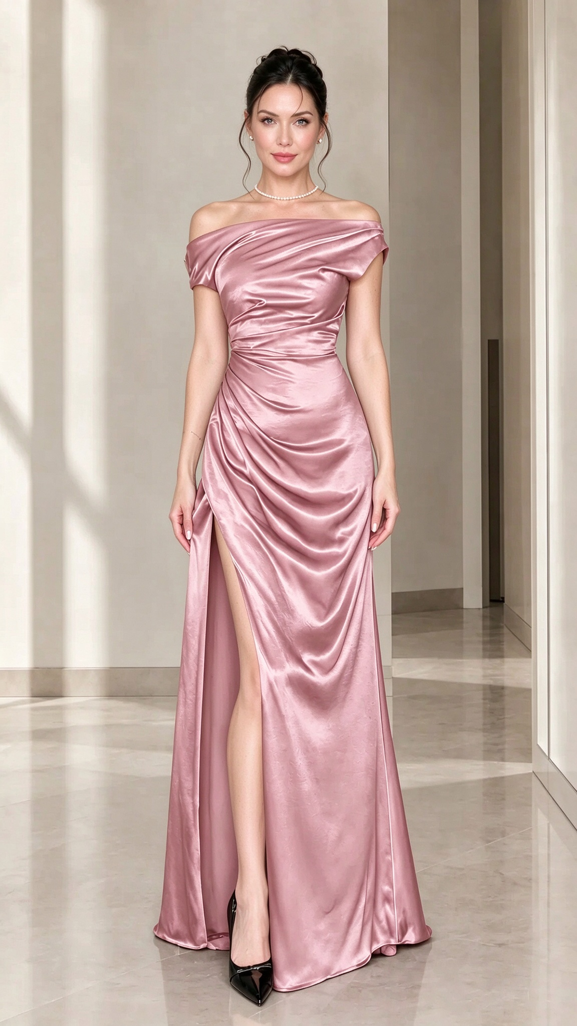 Off-the-Shoulder Ruched Satin Maxi Evening Gown with Slit