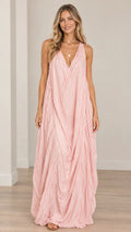 Women's Elegant Draped Crinkle Maxi Dress Sleeveless V-Neck Flowy Long Gown