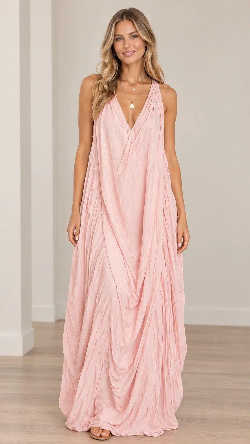 Women's Elegant Draped Crinkle Maxi Dress Sleeveless V-Neck Flowy Long Gown