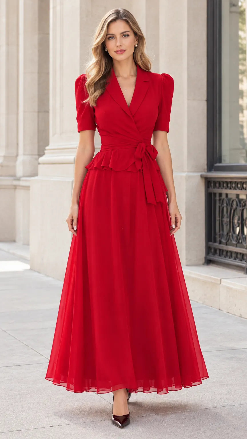 Notched Lapel Wrap Waist Peplum Maxi Dress with Short Sleeves