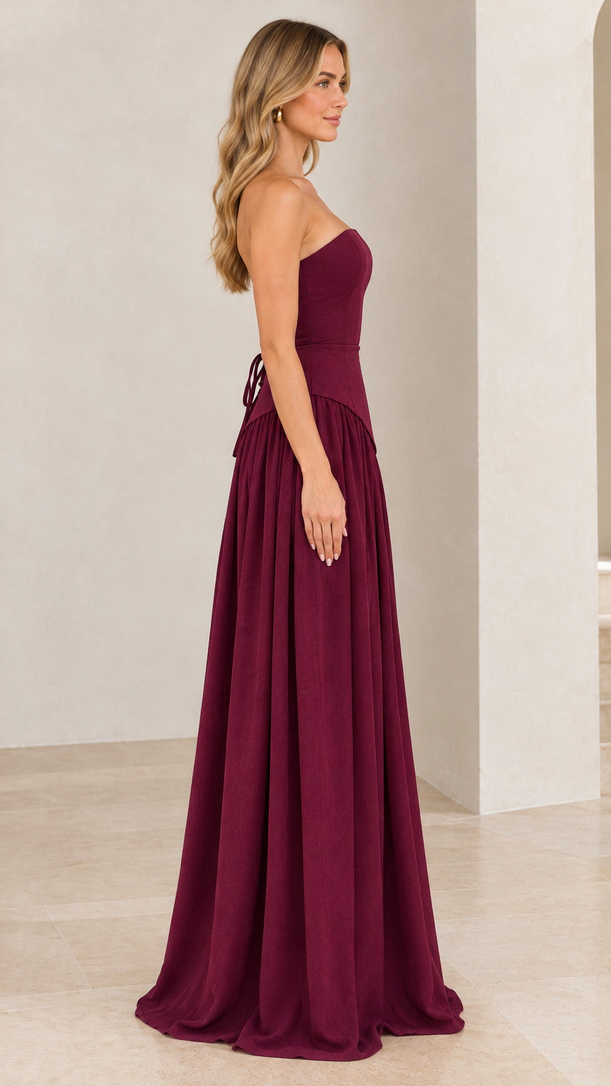 Strapless Asymmetrical Drop-Waist Lace-Up Corset Maxi Gown