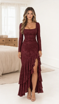 Square Neck Long Sleeve Ruched Floral Lace Maxi Dress with Ruffled Slit