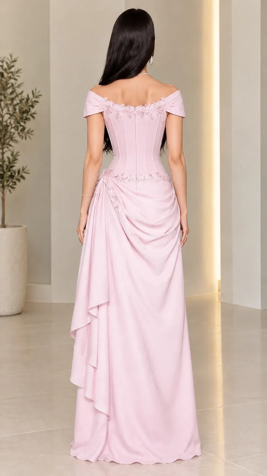 Off-The-Shoulder Embroidered Corset Maxi Dress with Draped Skirt