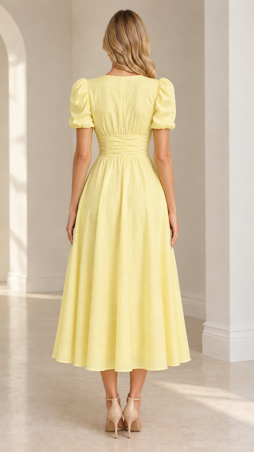 Women's V-Neck Puff Sleeve Ruched Waist A-Line Midi Dress