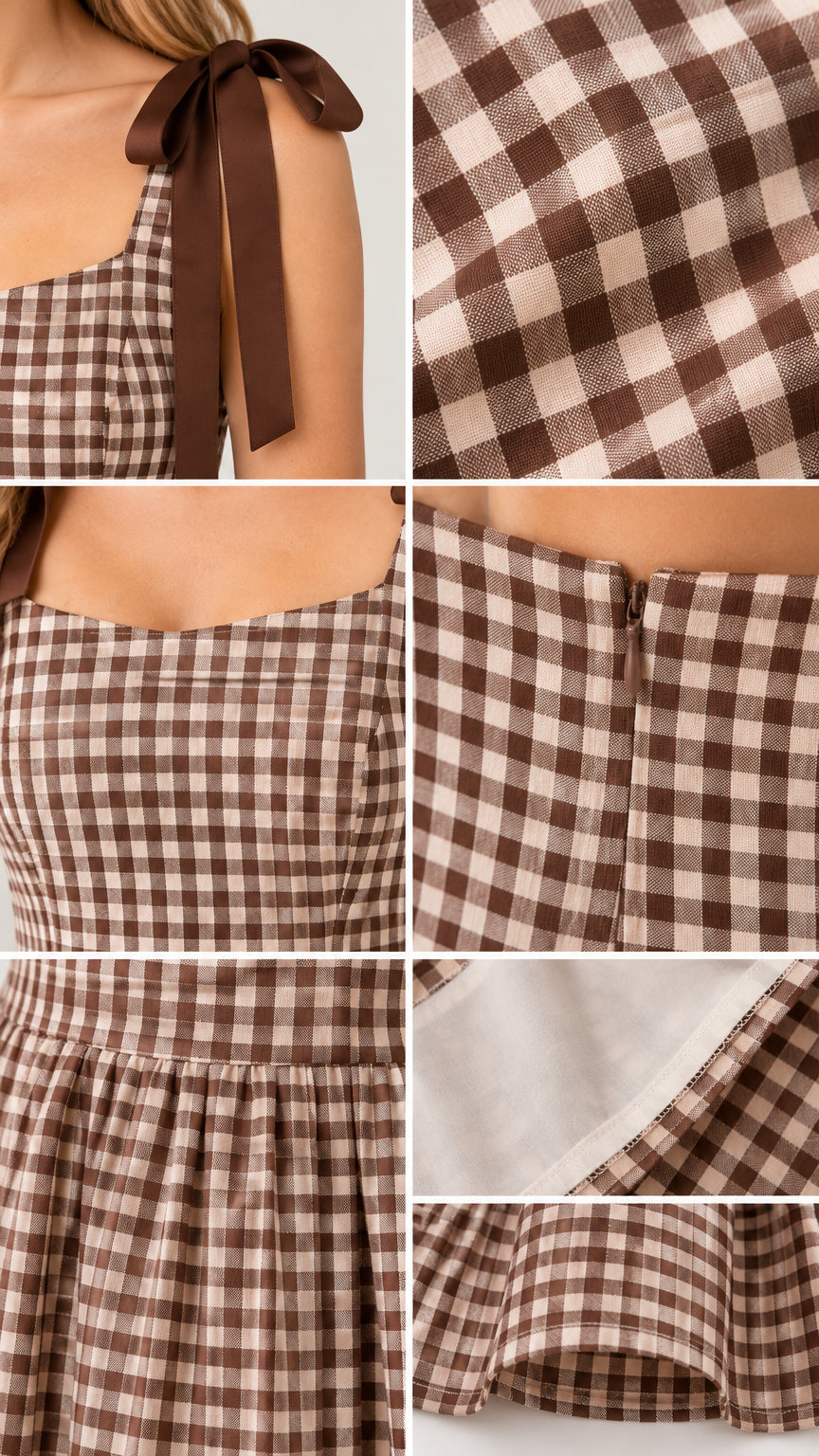 Women's Tie-Shoulder Gingham Midi Dress with Square Neckline and A-Line Skirt