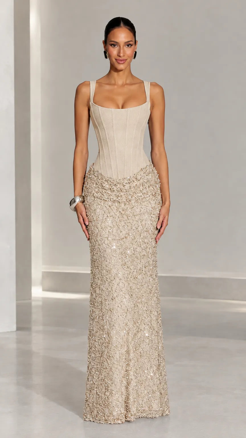 Corset Bodice Sequined Column Evening Gown with Ruched Drop Waist