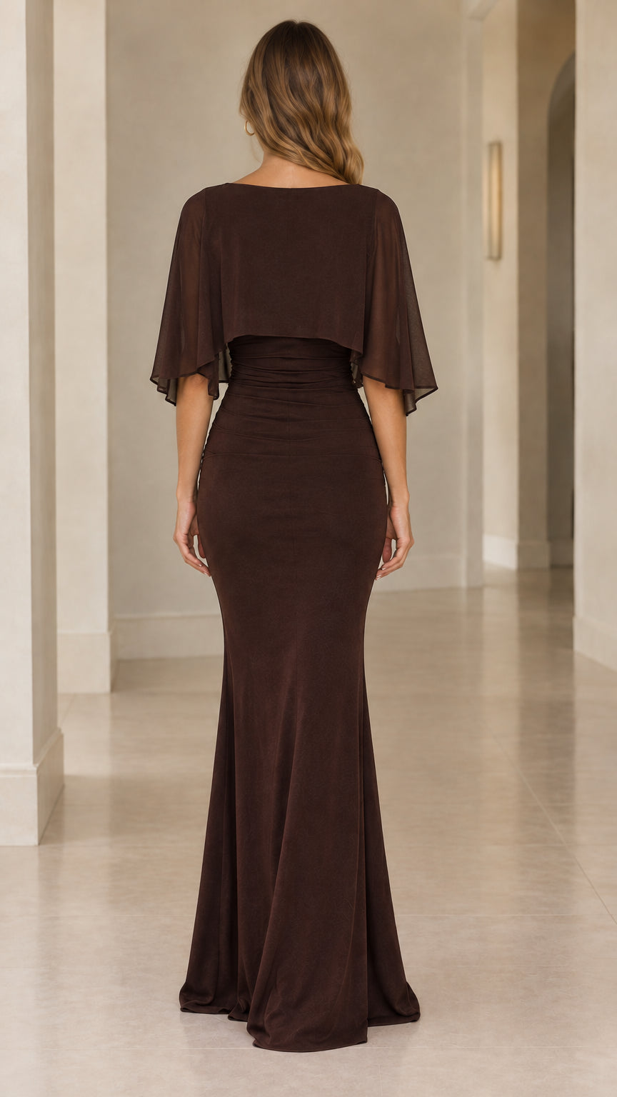 Chiffon Capelet Ruched Evening Maxi Dress