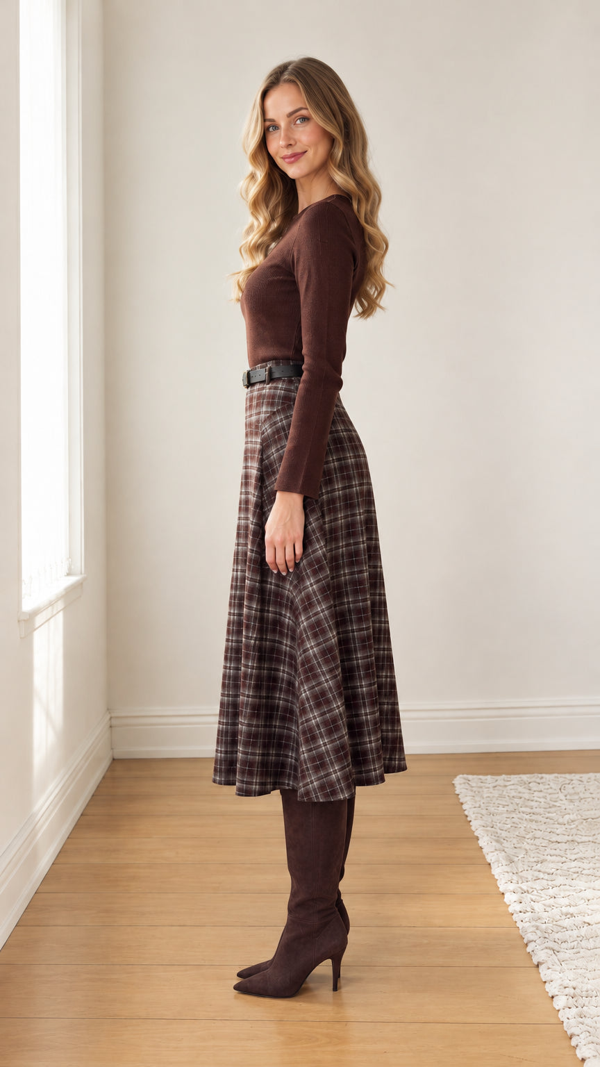 Women's Plaid Midi Skirt and Long Sleeve Knit Top Set with Belt