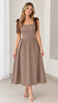 Women's Tie-Shoulder Gingham Midi Dress with Square Neckline and A-Line Skirt