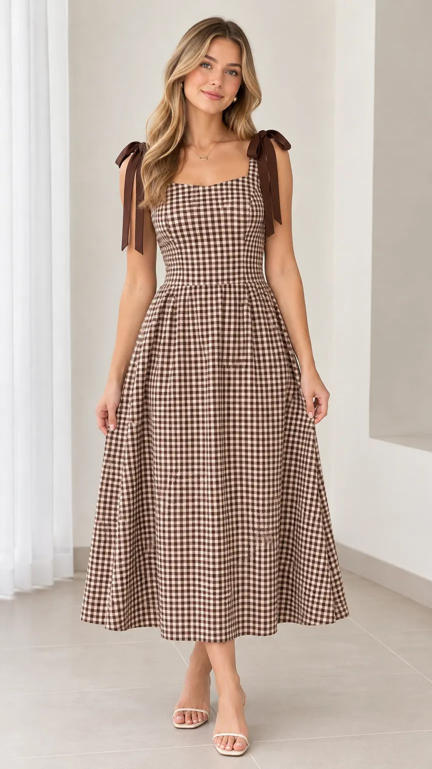 Women's Tie-Shoulder Gingham Midi Dress with Square Neckline and A-Line Skirt