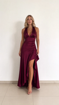 Women's Plunge Halter Ruched Asymmetrical Slit Satin Maxi Evening Gown