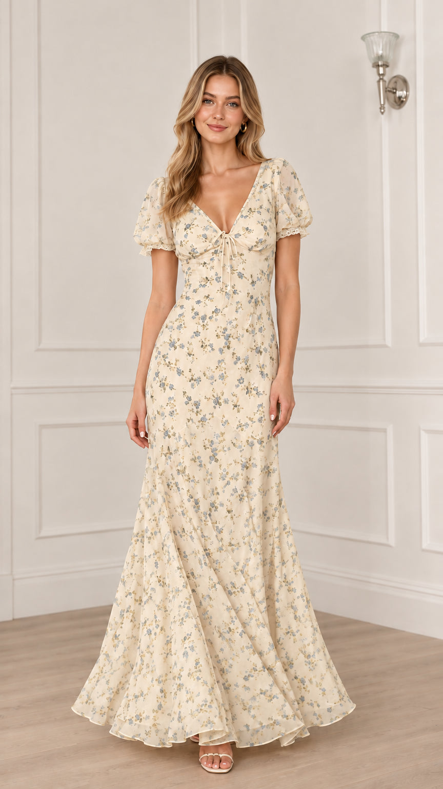 Floral Puff Sleeve Mermaid Maxi Dress with V-Neck and Lace Trim