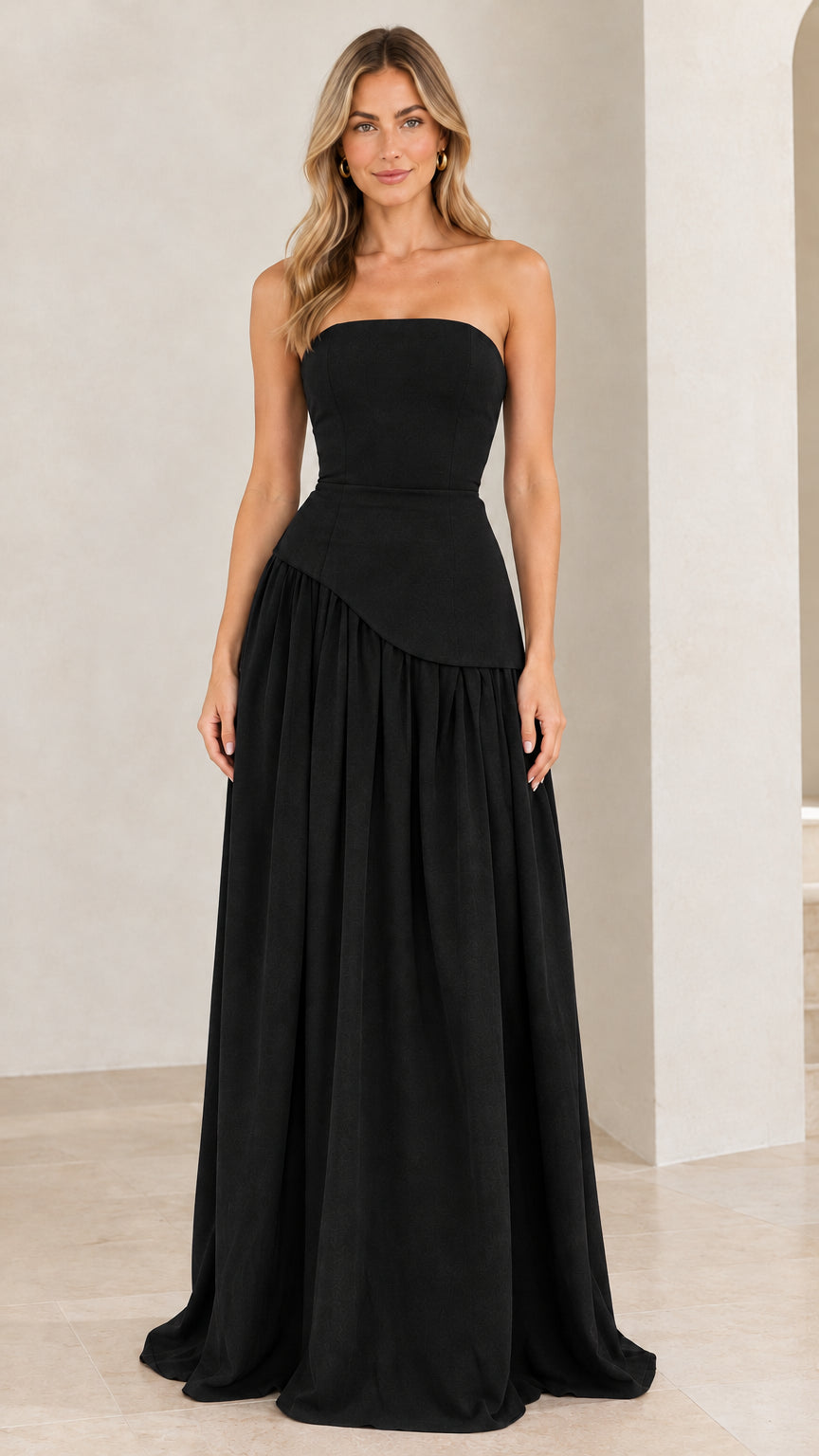 Strapless Asymmetrical Drop-Waist Lace-Up Corset Maxi Gown