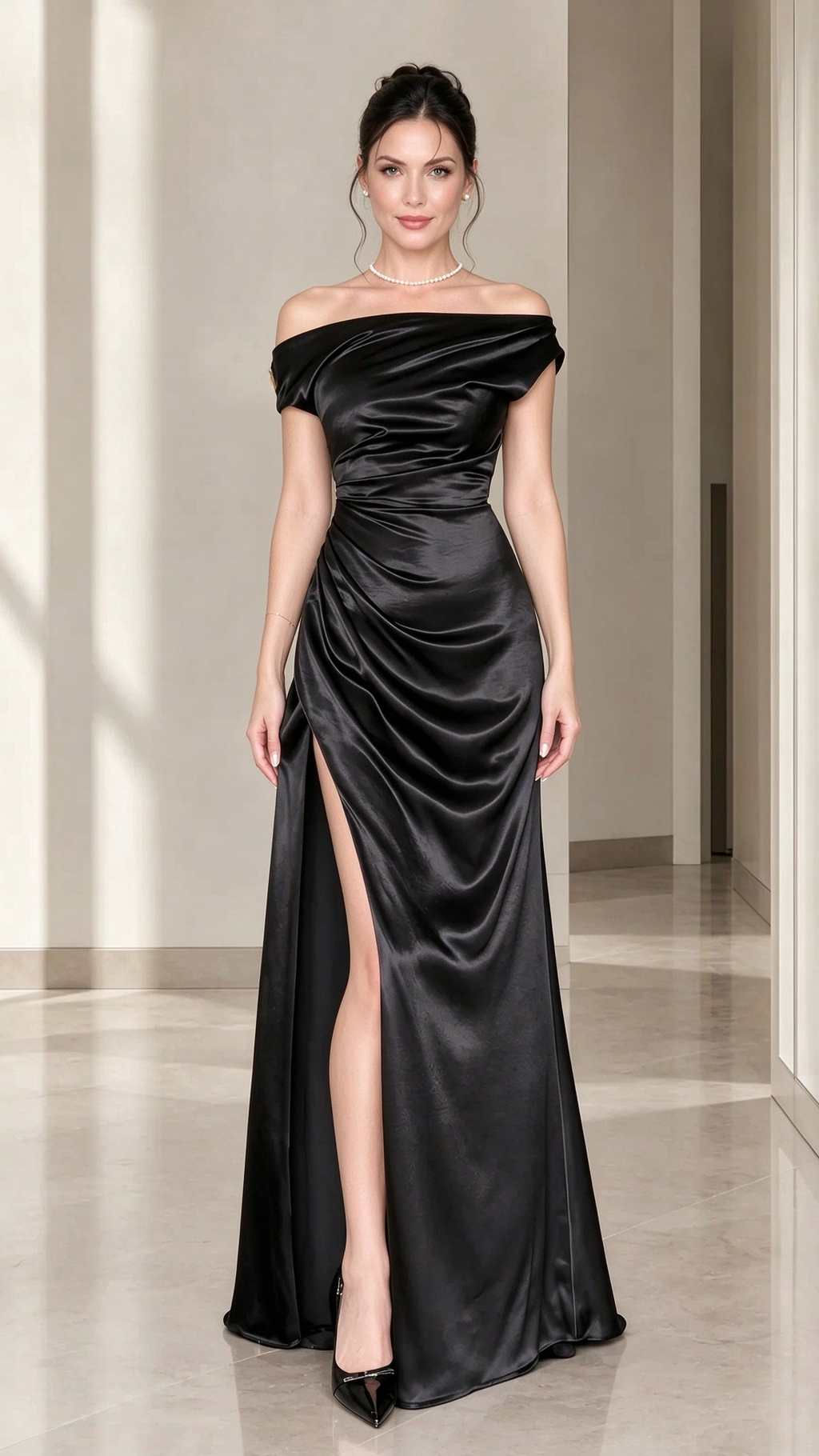 Off-the-Shoulder Ruched Satin Maxi Evening Gown with Slit