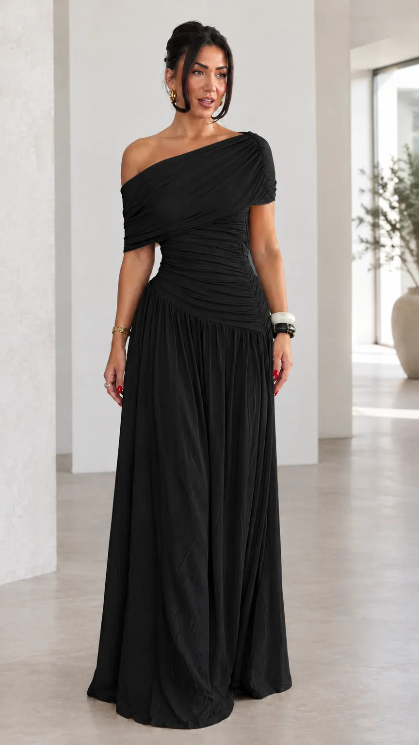 Women's Asymmetrical Draped Ruched Maxi Dress