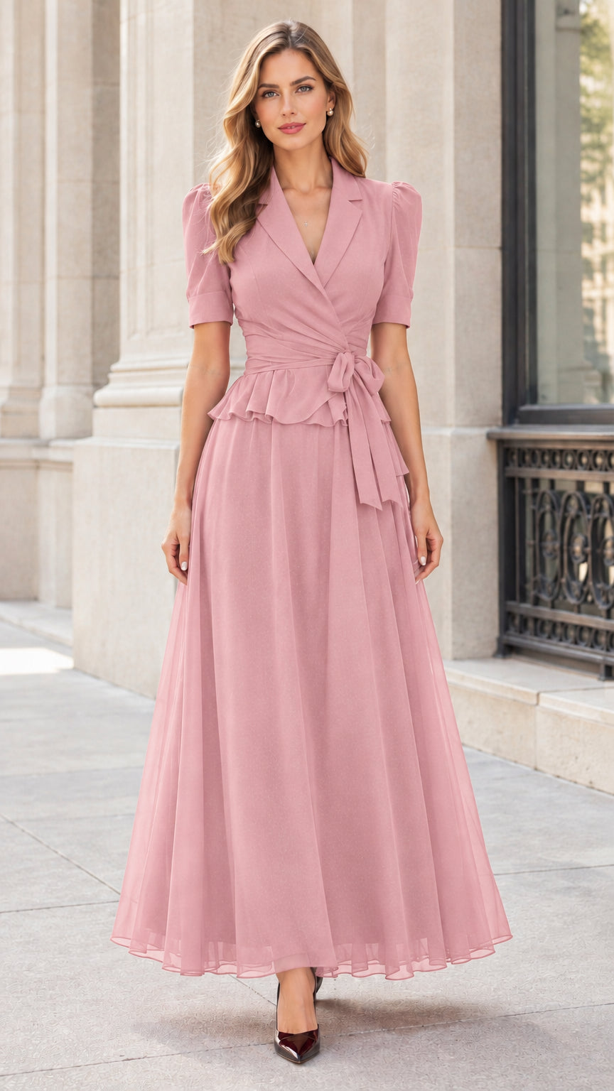 Notched Lapel Wrap Waist Peplum Maxi Dress with Short Sleeves