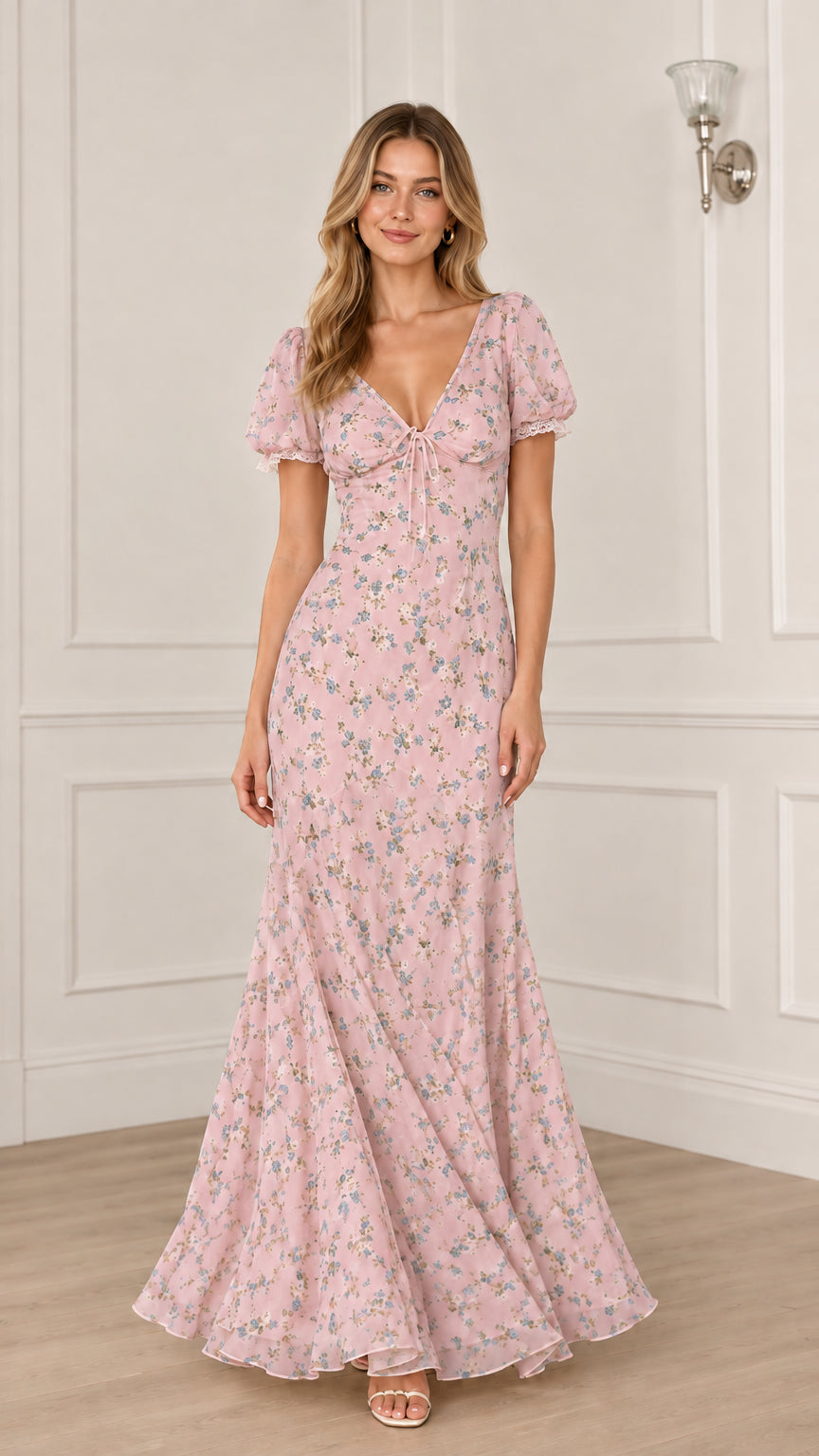 Floral Puff Sleeve Mermaid Maxi Dress with V-Neck and Lace Trim