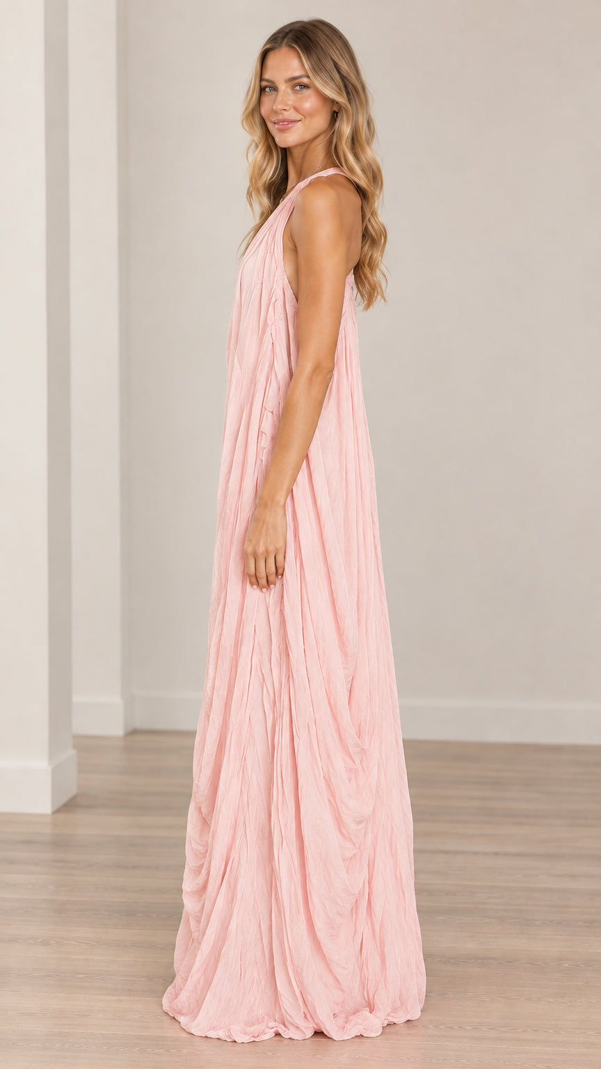 Women's Elegant Draped Crinkle Maxi Dress Sleeveless V-Neck Flowy Long Gown