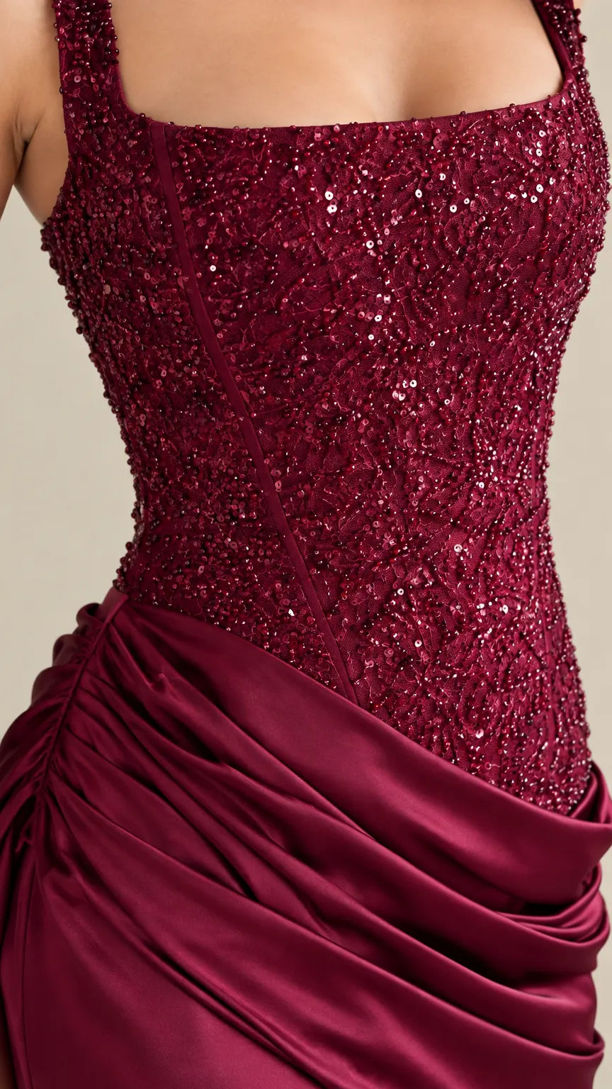 Sequin Corset Bodice Draped Satin Evening Maxi Gown