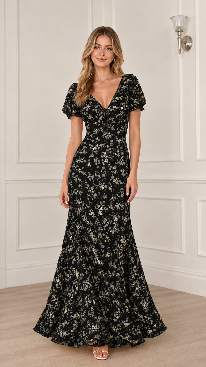 Floral Puff Sleeve Mermaid Maxi Dress with V-Neck and Lace Trim