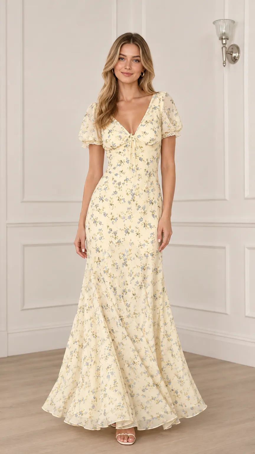 Floral Puff Sleeve Mermaid Maxi Dress with V-Neck and Lace Trim